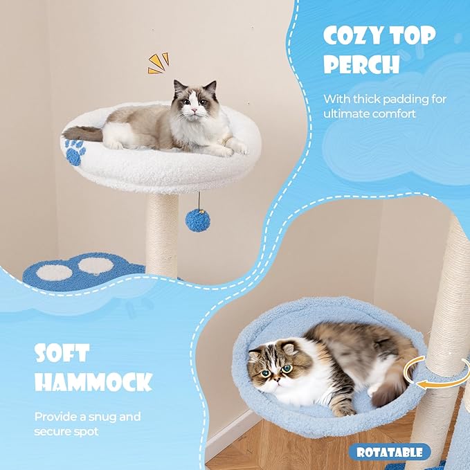 Tangkula Cat Tree Tower, 54 Inch Tall Cat Tree with Cat Condo, Hammock, Dangling Ball, Plush Fabric Top Perch, Cute Cat Tower with Sisal Scratching Post for Indoor Cats Large Adult