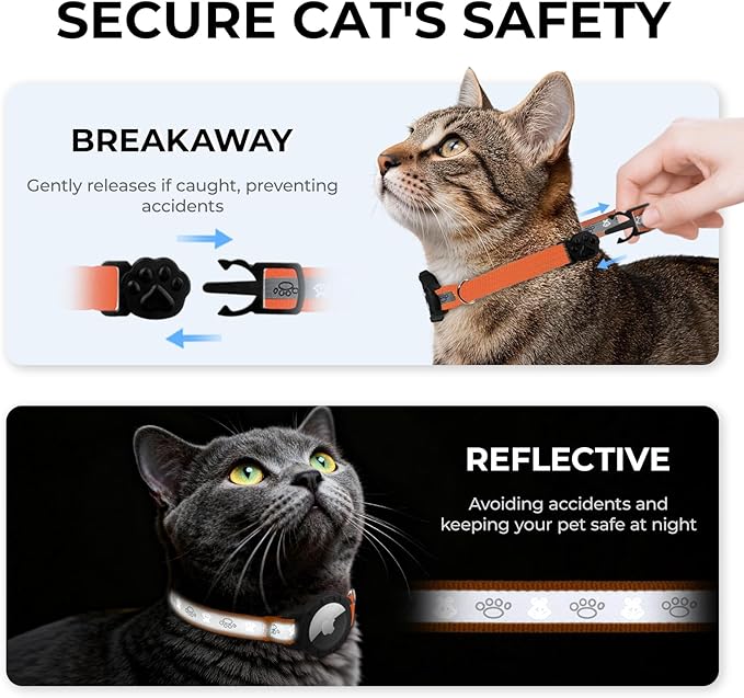 Breakaway AirTag Cat Collar, Reflective Cat Tracker Collar with Air Tag Holder and Bell, Safety Elastic Band Cat GPS Collars for Girl Boy Cats, Kittens and Puppies (Orange, 8-13'')