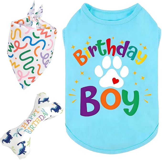 3-Piece Small Dog Happy Birthday Boy Shirt Colorful Clothes & Bandanas & Toy Gift M