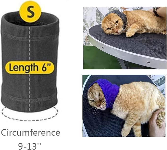 Cat Head Cover Ear Wrap Pinpoint Mesh Neck Cowl Cat Grooming Headband Snood for cat Purple+Blue S