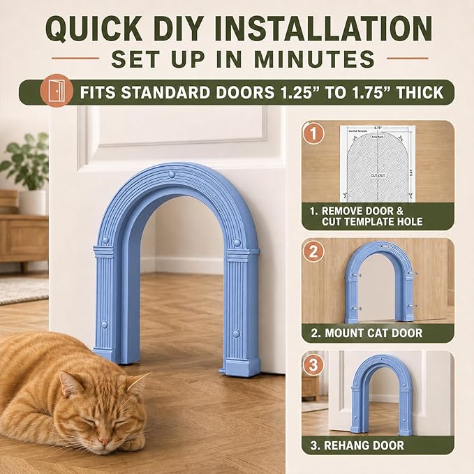 Cat Door for Interior Doors Large - No-Flap, No Training Needed, Indoor Cat Door Fits Cats Up to 25 lbs, Easy Installation, Installs in Minutes, Fits 1.25" to 1.75" Thick Solid & Hollow Doors Blue