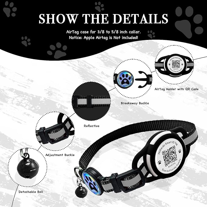 Cat Collar with Airtag Holder & QR Code Tag, Reflective Breakaway Kitten Collar with Quick Release Buckle, Adjustable Nylon Safety Collar for Indoor Outdoor Cats (Black)