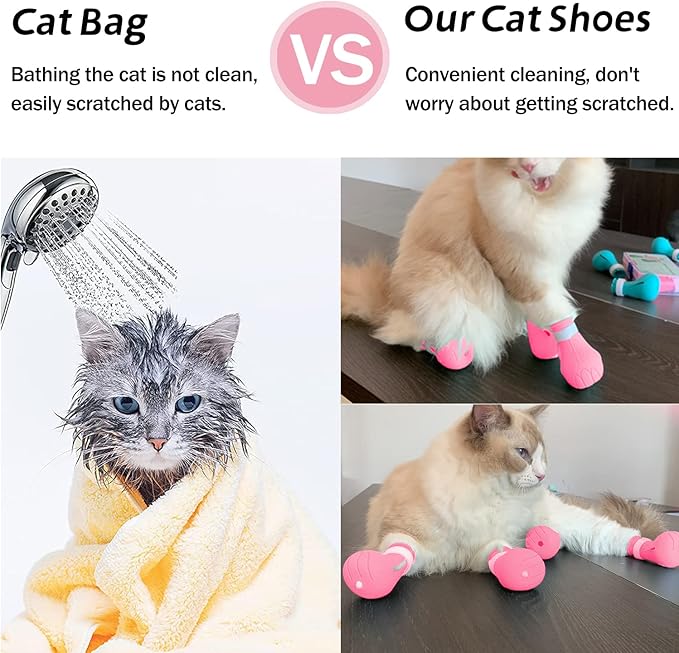 Cat Claw Covers - Anti-Scratch Cat Boots, Adjustable Silicone Paw Protectors for Grooming & Bathing, Soft & Comfortable (Pink)