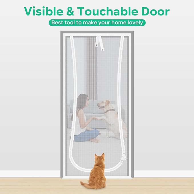 New Reinforced Cat Screen Door, Fits Door Size 36''x 80'' Heavy Duty Pets Proof Screen Door with Bilateral Zipper, Prevent Dogs Cats Running Out from Home, Bedroom,Living Room, Kitchen Patio Door