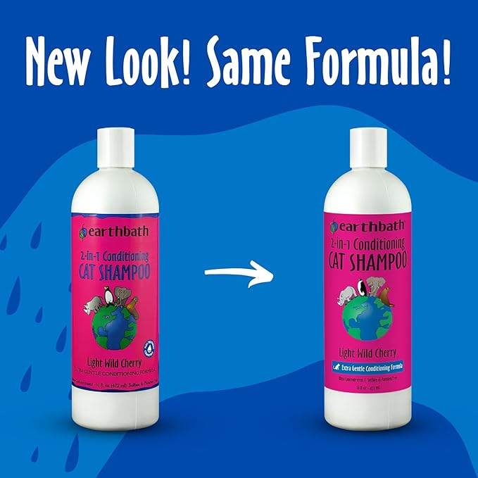 earthbath, Wild Cherry 2-in-1 Cat Conditioning Shampoo - Cruelty Free Cat Shampoo and Conditioner, Made in USA, Gentle, Safe Pet Wash for Kittens - 16 Oz (1 Pack)