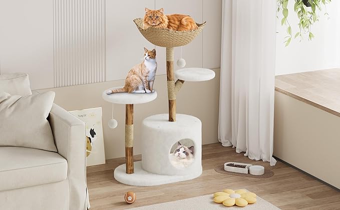 46-Inch Luxury Wooden Cat Tree Tower for Large Cats – Modern Real Branch Cat Condo with Spacious Basket, Sturdy Scratching Posts & Hanging Poms – Deluxe Indoor Cat Furniture