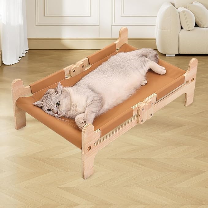 Cat Wooden Hammock Bed Sleeping Elevated Soft Supplies Breathable Couch Pet Furniture Cat Dog Bed for Indoor Cats Puppy Pet, Brown