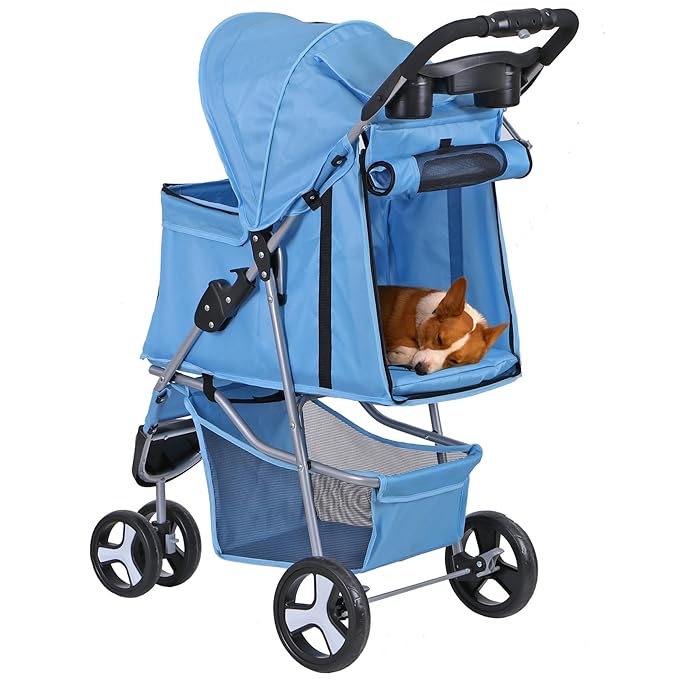 JungleA Foldable Pet Stroller for Cats Dogs,3 Wheel Jogger Stroller for Small to Medium Pets,Lightweight & Portable & Durable PetStroller with Weather Cover, Storage Basket and Cup Holder,Blue