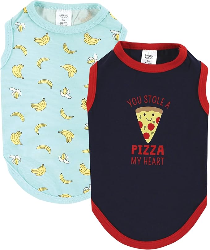 Luvable Friends Dog Pet Dog and Cats Cotton T-Shirts 2pk, Pizza Bananas, Medium