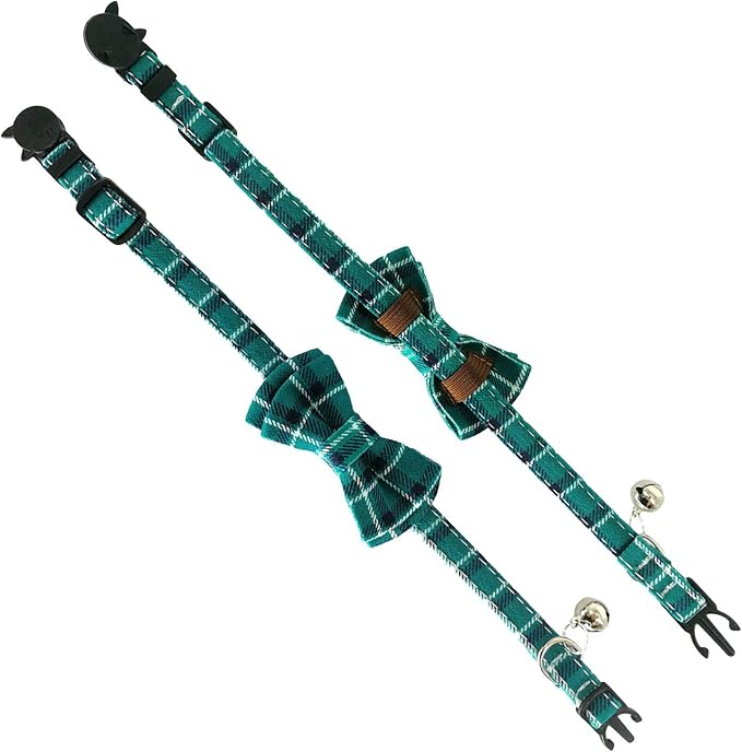 2 Pack/Set Cat Collar Breakaway with Cute Bow Tie and Bell for Kitty and Some Puppies, Adjustable from 7.8-10.5 Inch (Cyan-Blue+Blue-Gray, Plaid)