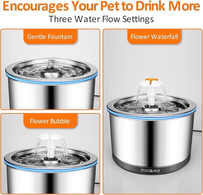 Cat Water Fountain Stainless Steel, Automatic Cat Fountains for Drinking, Ultra-Quiet Dog Water Dispenser, Pet Water Fountain for Cats Inside, 84oz/2.5L with Three Water Flow for Cats, Dogs