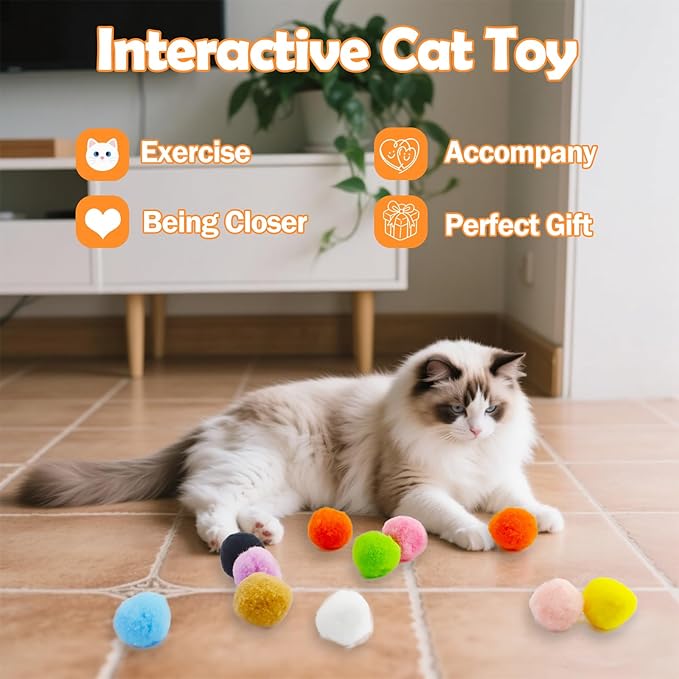 120 Pcs Cat Pom Pom Balls with 2 Pcs Launchers, Plush Exciting Interactive Cat Toys for Indoor Cats, Silent Soft Kitty Toys Ball Launcher Set, Active Kitten Toy Supplies