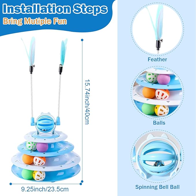 Cat Turntable Toy Ball - Interactive Kitten Toys & Toys for Indoor Cats with 6 Colorful Balls & 2 Cat Teaser Wands, Fun Mental & Physical Exercise Puzzle Plaything for Kitty Kitten to Play (Blue)