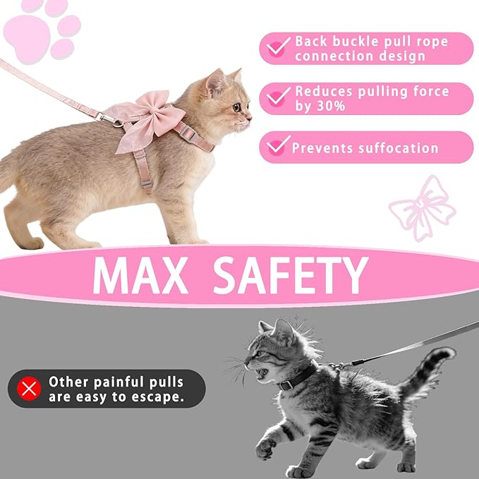 Tensho Pink Bow Cat Harness and Leash Set Escape Proof, Adjustable Kitten Harness with Leash, Bow Tie Cat Harness for Walking Outdoor - Soft Lightweight Harness for Small Dogs Cats Rabbits (M)