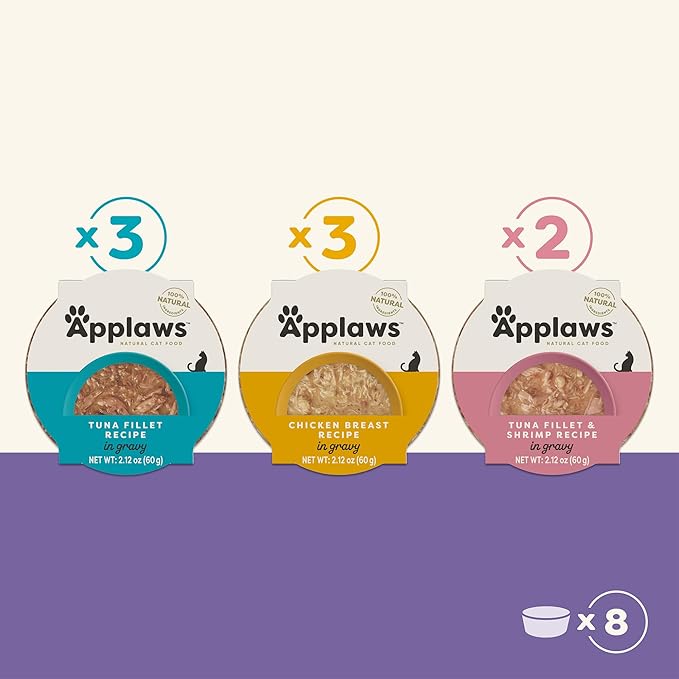 Applaws Natural Wet Cat Food in Gravy, Limited and Natural Ingredients, High Protein with No Artificial Additives, Variety Pack in Gravy (8X 2.12 oz Easy-Open Cups)