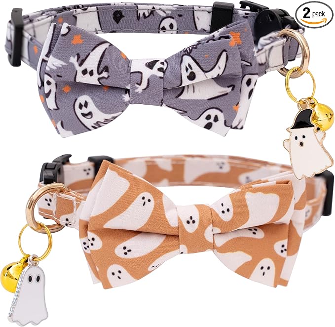 Faygarsle 2 Pack Halloween Breakaway Cat Collar Collection Ghosts Pattern Cute Cat Collar with Bell for Kittens Female Male Cats Seasonal Holiday Bowtie Fall Cat Collar Orange Gray