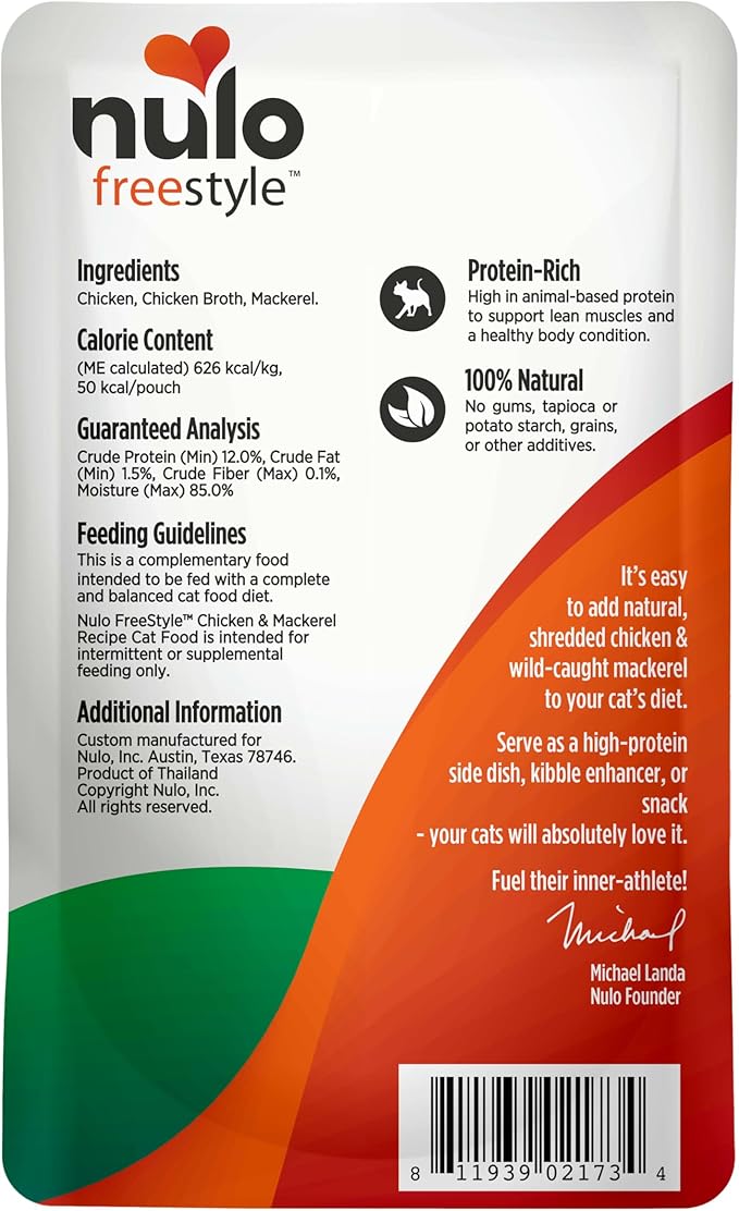 Nulo Freestyle Cat & Kitten Wet Cat Food - Chicken & Mackerel in Broth, Grain-Free, High Protein Soft Food Topper Treat, 2.8oz Pouches (Pack of 24)