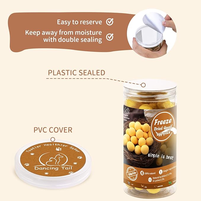 Dancing Tail Freeze Dried Cat and Dog Treats, Limited Ingredient Quail Egg Yolk Healthy Tasty Snacks for Training (4.6 Ounce)