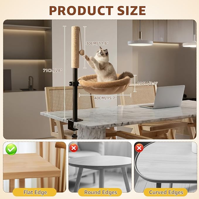 Cat Desk Bed with Scratching Post - Adjustable Height & 360° Rotation, Reversible Machine Washable Cover, Space-Saving Clamp-On Design for Office Desks, Sturdy Support for Indoor Cats (Camel)