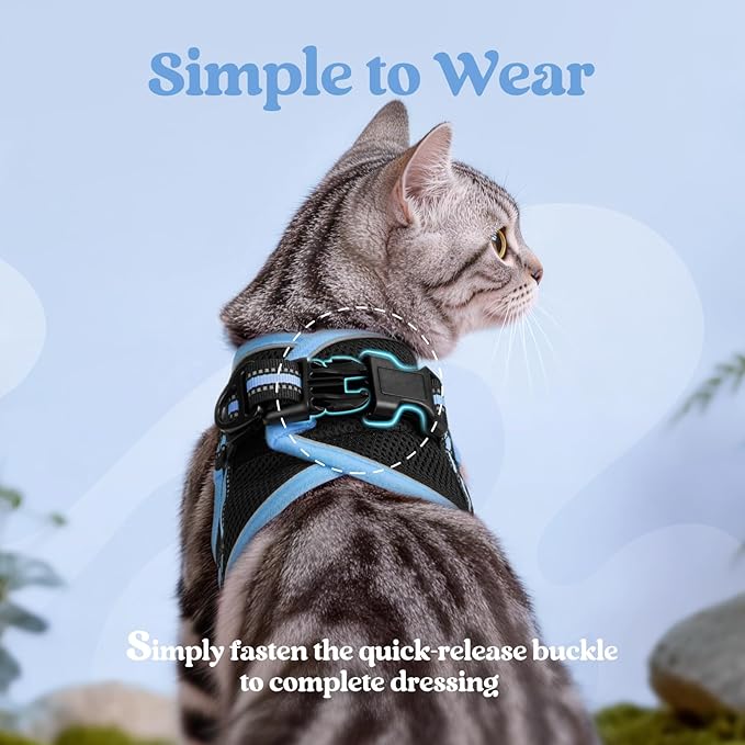 rabbitgoo Cat Harness and Leash Set for Walking Escape Proof, Adjustable Soft Kittens Vest with Reflective Strip for Cats, Comfortable Outdoor Vest, Black & Light Blue, L