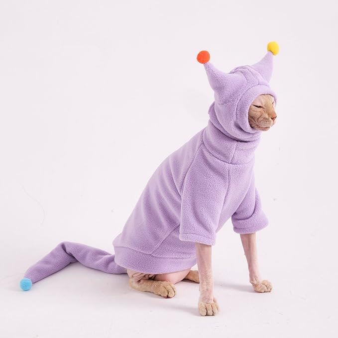 Sphynx Cat Clothes, Warm Cat Jumpsuit with Hat and Tail Cover, Full Set for Hairless Cats, Cornish Rex and Devon Rex (Purple, XS(1-2lbs))