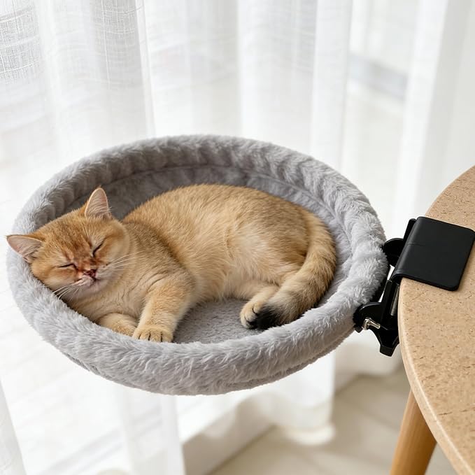 Cat Desk Bed, Foldable Desk Mounted Cat Bed for Large Cats, Heavy Duty Support Up to 50lbs, Desk Cat Perch with Extra Wide Clamp & Double Anti-Slip Pads, Attachment for Home Office