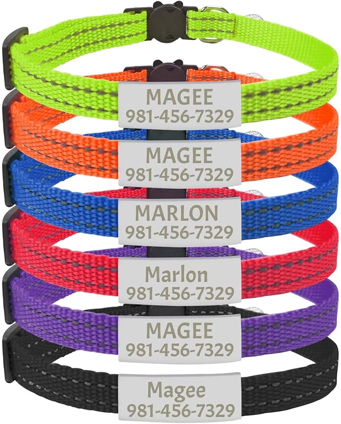 CAMAL Reflective Cat Collar Personalized, Custom Breakaway Cat Collar with Stainless Steel Pet ID Tag, Adjustable Cat Collars with Name and Phone Number for Cat Kitten Puppy