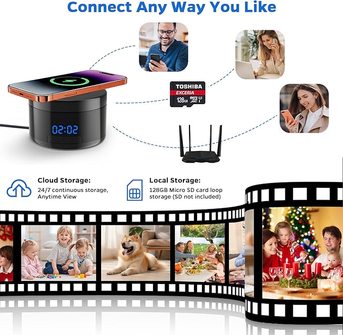 Smart Security Camera - 1080P Indoor Cameras for Home Security - Pet/Dog Camera with Motion Tracking - 15W Fast Phone Charger - Digital Clock (Ink Black)
