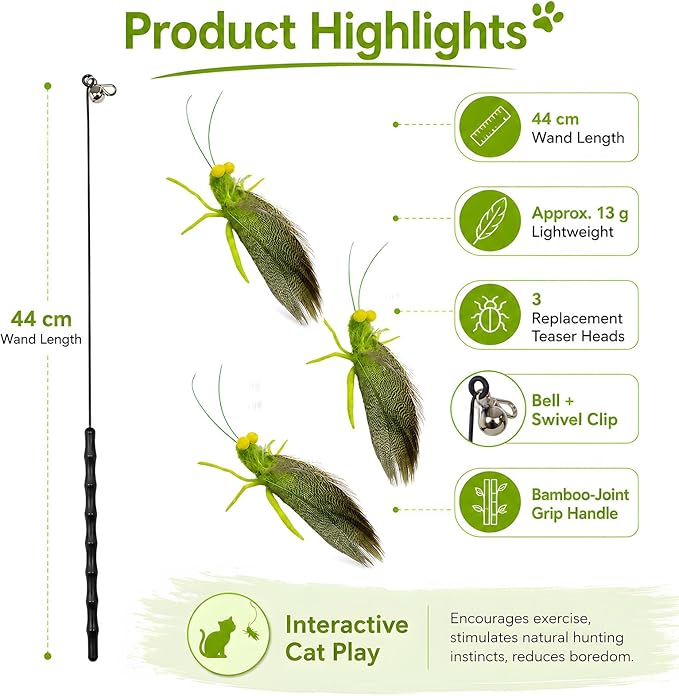 Cat Teaser Wand with 3 Grasshopper Tops, 16.5” Interactive Cat Fishing Pole Toy, Bug on String Toy for Indoor Kittens, Fun Exercise & Play