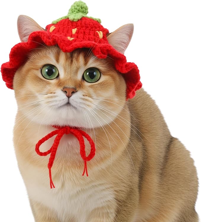 Strawberry Cat Hat Soft Polyester Cartoon Design Knit Cute Dog Hat Rabbit Hats Halloween Christmas Party Costume Head Wear Accessories for Puppy Cat Kitten Small Dogs Small Animals Pets Red (M)