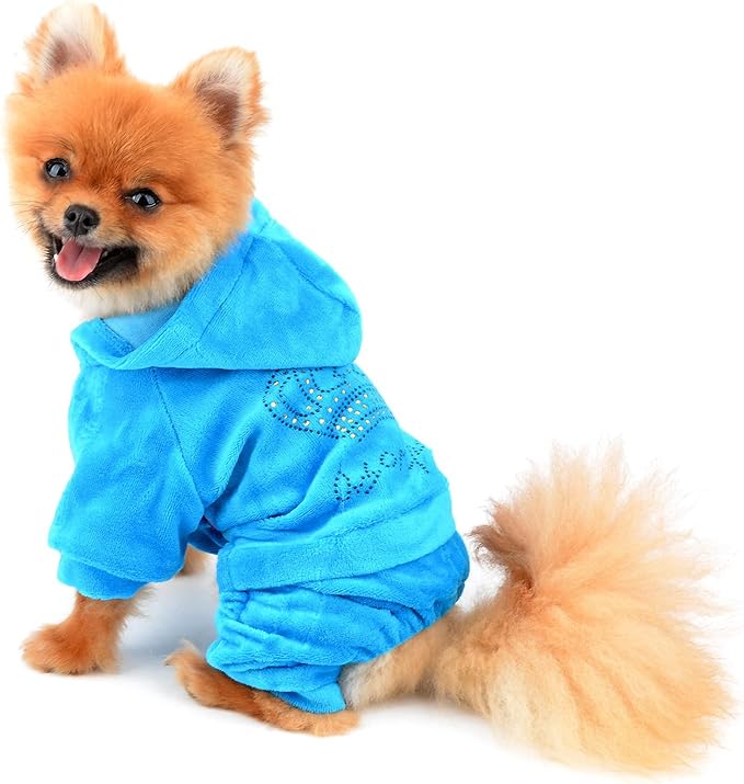SEIMAI Dog Hoodies Jumpsuit for Small Dog Cat Puppy Rhinestone Crown Soft Velvet Autumn Winter Hooded Pajamas Tracksuit Outfits Sportswear Jacket with Hat Training Outdoor Blue XS