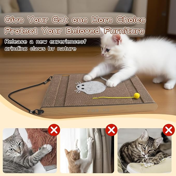 Cat Scratching Board. Cat Scratcher for Indoor Cats with Catnip. Cardboard Cat Scratcher with Mouse Logo and Hanging Ball Toy. Cat Scratch pad with Double-Sided Usability (Pack of 2)