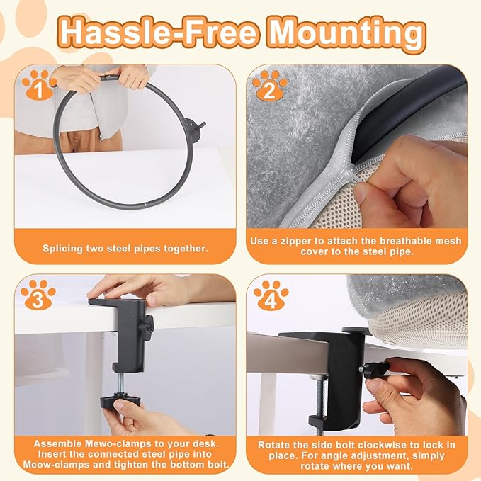 Cat Desk Bed - Ergonomic cat Desk Perch Clamp for Remote Workers - Quality Desktop Suspended Cat's Bed- Rotating Cats Hammock Desk with Removable Cover, Cat Bed Hold UP to 50LBS, Gray