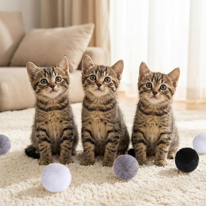 12 Pcs Cat Pom Pom Balls, Rabbit Fur Ball Cat Toy Fluffy Soft Fuzzy Balls for Cats Pets Interactive Playing Indoor, 2.75 Inches in Diameter (Gray Black White)