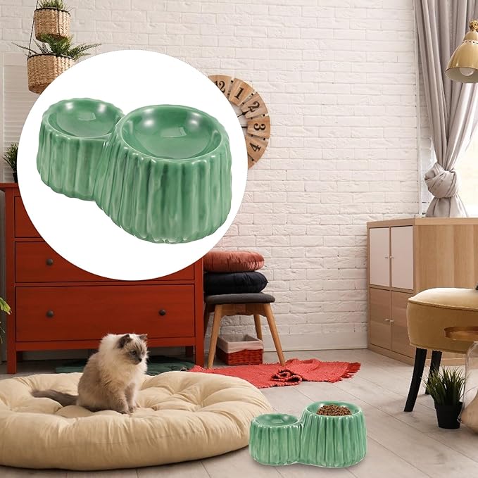 VOSAREA Ceramic Raised Cat Bowl and Elevated Dog Feeder Set with Anti-Spill Design, Green Dual Height Bowls for Pet Feeding and Watering, Suitable for Cats and Puppies