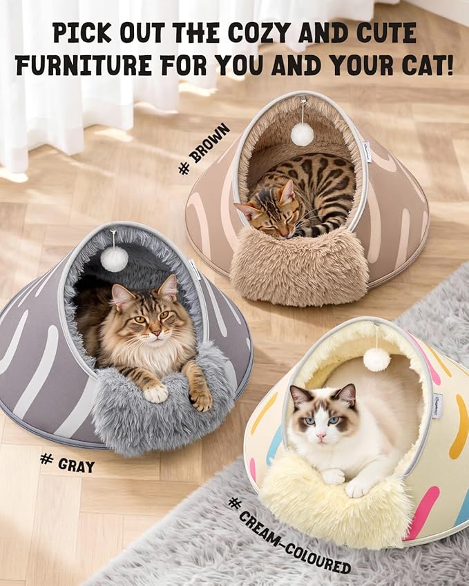 BurgeonNest 20-Inch Round Cat Bed Cave, Enclosed Hooded Pet House for Indoor Kittens, Anti-Collapse EVA Shell with Cord Access for Heating Pad, Washable Soft Plush, Brown