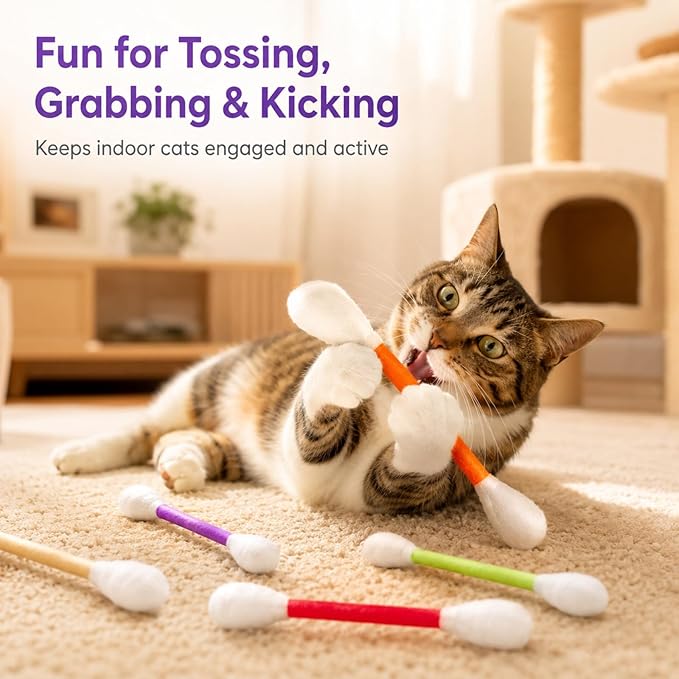 6 Pack Cat Q Tip Toys with Catnip, Giant Cotton Swab Cat Toy for Indoor Cats, Soft Interactive Kitty Toy for Kittens, Bored Cats, Exercise, Kicking, Chewing & Play