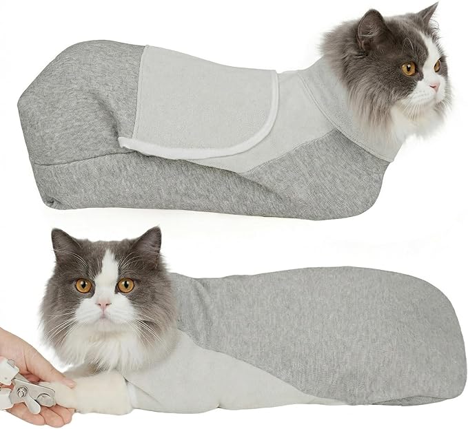 Cat Wrap for Cutting Nails, Self-Adhesive Cat Nail Clipping Restraint Bag, Anti-Scratch Cat Grooming Wrap Swaddle for Meds, SubQ Fluids, Ear Cleaning, Teeth Brushing & Vet Visits,Grey,M