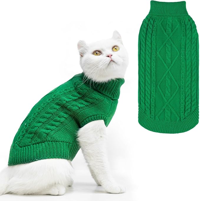 PUPTECK Winter Cat Sweater Coat - Soft Warm Cold Weather Clothes Knitwear for Kittens & Small Dogs Indoor Outdoor Wearing, Knitted Classic for Doggies Kitties Girls Boys, Green, M