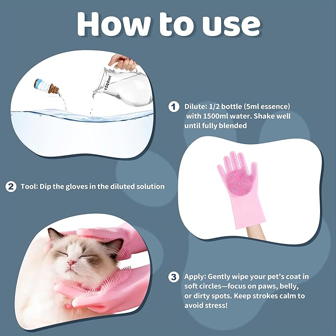 2Pcs Waterless No-Rinse Pet Shampoo Essence for Dogs & Cats with Pink Grooming Gloves | Pomegranate Scent for Skin & Coat Care | Includes 5-Finger Bathing & Massage Gloves for Dogs/Cats