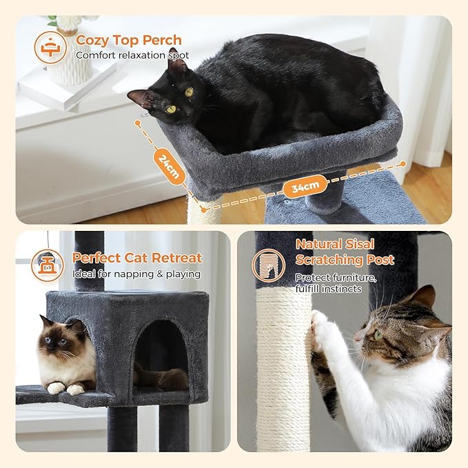 MUTTROS Cat Tree for Indoor Cats, 44.5" Multi-Level Cat Tower with Large Metal Frame Hammock, Cat Condo with 2 Scratching Posts and Top Perch for Small to Medium Cats, Dark Gray