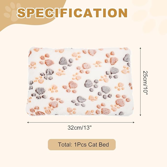Dog Cat Bed Mat, Soft Coral Fleece Pet Cushion Pad with Cute Paw Print, Warm Washable Pet Bed 13x10 Inches, (White), Intended for Medium Small Dog Cat