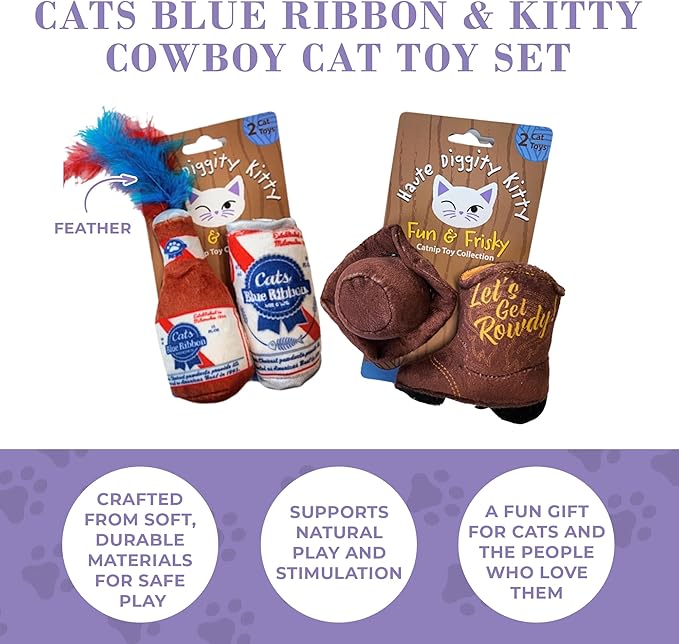 Haute Diggity Kitty Cats Blue Ribbon + Kitty Cowboy Set, Plush Cat Toys Catnip Filled with Interactive Crackle Sound, Safe & Durable Toys for Cat & Kitten, 4 Pcs