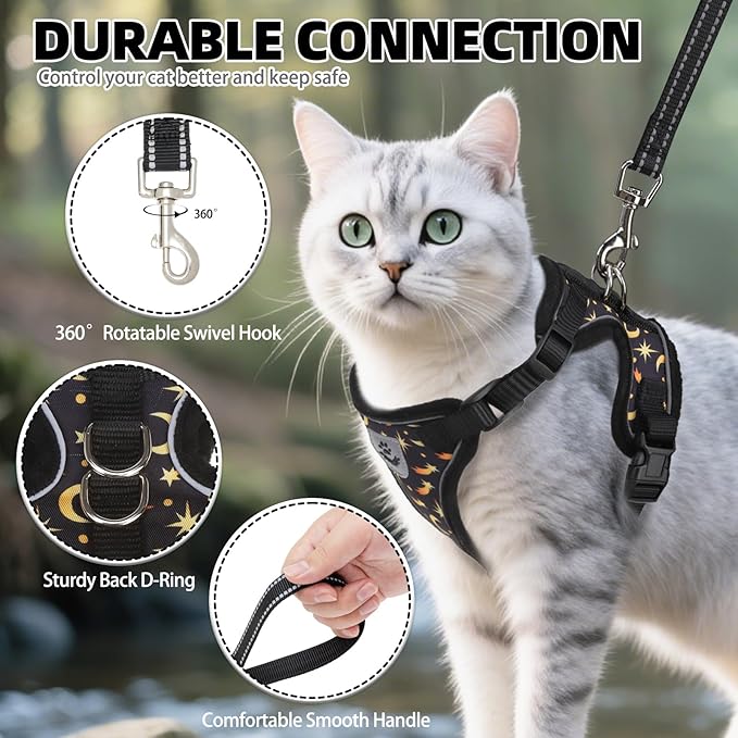PUPTECK Cat Harness and Leash Set Escape Proof Reflective Cat Walking Harness Adjustable Soft Breathable Mesh Vest for Small Pets, Star&Moon, M
