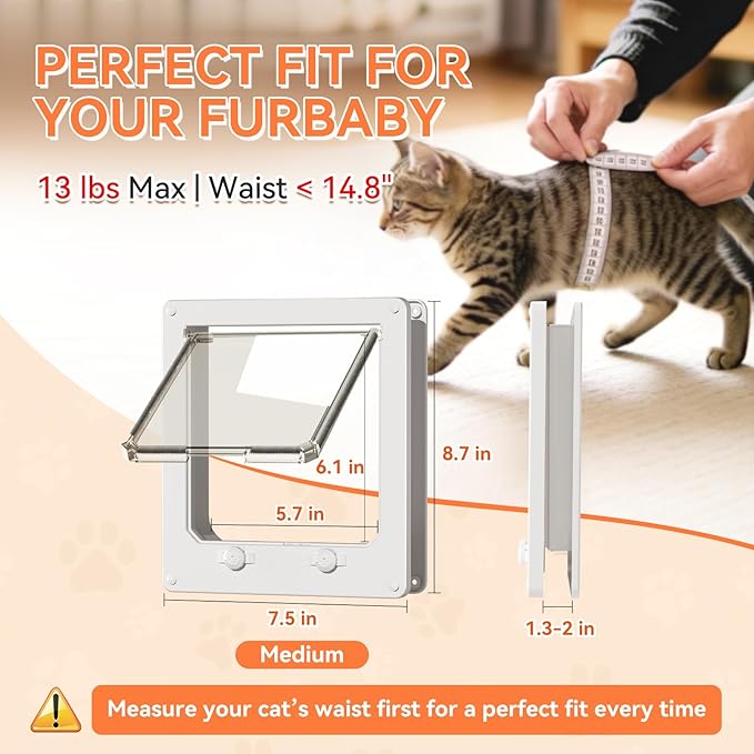 LIBBEPET Cat Door Interior Door, Indoor Cat Doors, Medium Pet Doors for Cats Up to 13 lbs(Frame Size 7.5" x 8.7"), Upgraded 4 Way Locking Kitty Door for Interior & Exterior Doors, Easy to Install