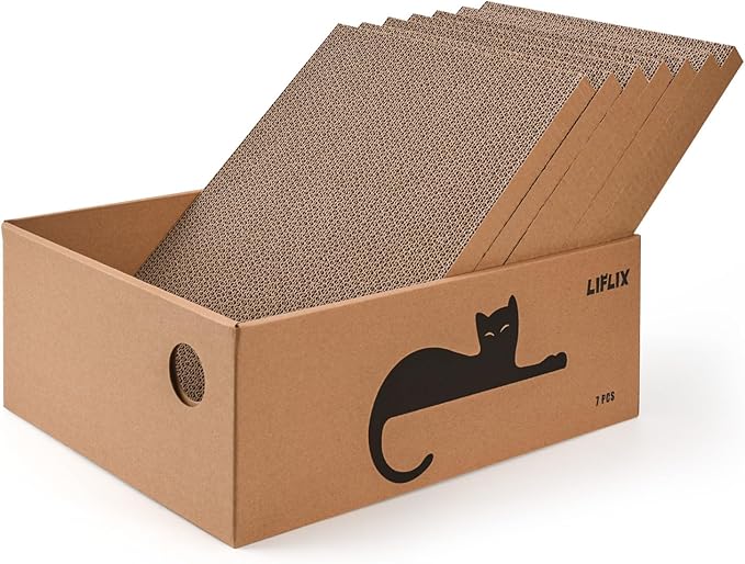 LIFLIX 7PCS Reversible Cat Scratching Pads with Box, 16.5" Lｘ12.6" Wｘ5.9 H Extra Large Cardboard Scratcher with Catnips, Cat Scratch Boxes for Indoor Cats