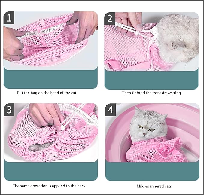 Adjustable Multifunctional Anti-Bite Shower Mesh Bag, Cat Grooming Net, Bath Brush and Cat Nail Clipper (A-Pink)