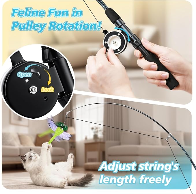 Pawaboo Cat Feather Toys, 4 Pack Interactive Cat Feather Teaser Wand Toys, Retractable Fishing Pole Wand Catcher Exerciser with Refill Fish, Dragonfly Worm with Bells, Blue Yellow Green