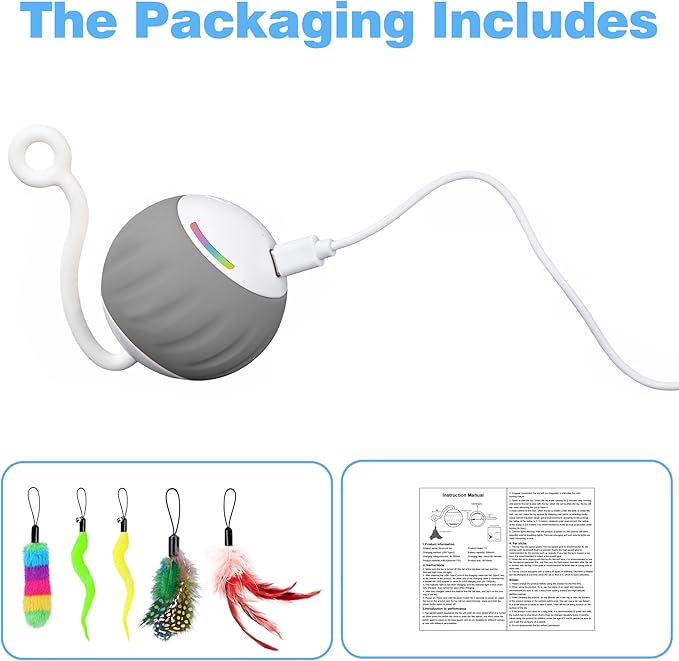 2.36 Inches Large Cat Toys Ball - Won’t Get Stuck, [Newly Upgraded] Sound & Motion-Activated, 2 Speed Fast/Slow Settings Automatic Interactive Cat Toy for Indoor Cats with 5 Tails Rechargeable - Gray