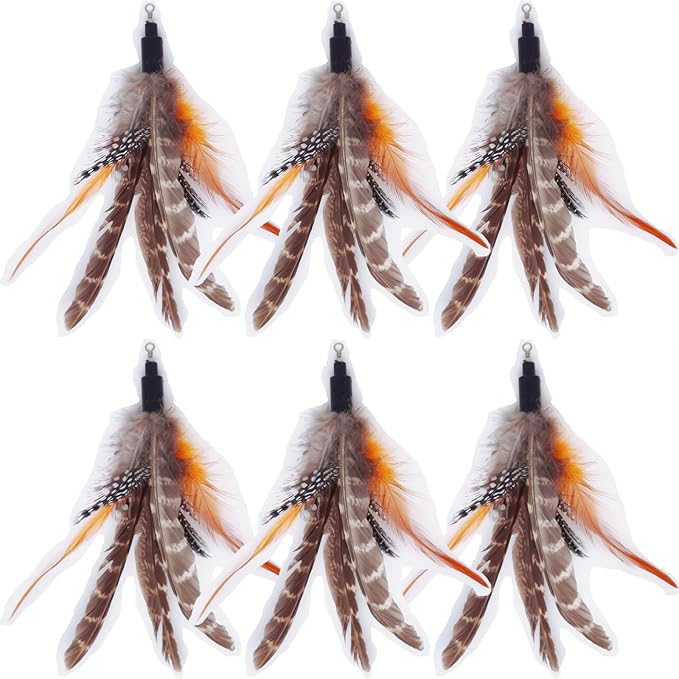 7 PCS Cat Wand Toy Refills - 6 Pack Natural Feather Attachments & 1 Replacement Elastic String with Lobster Clasp, Interactive Teaser Toy Refills for Indoor Cats and Kittens(6 Feather Refills)